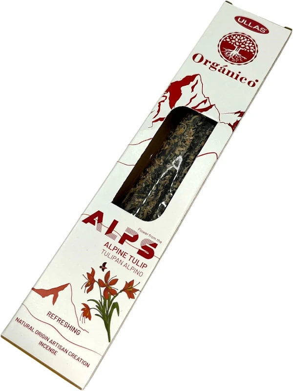 Incienso Ullas de la línea Alps con aroma a Tulipan Alpino, elaborado 100% natural, orgánico y hecho a mano en India. Su fragancia floral, suave y fresca es ideal para crear ambientes tranquilos, armoniosos y de introspección.