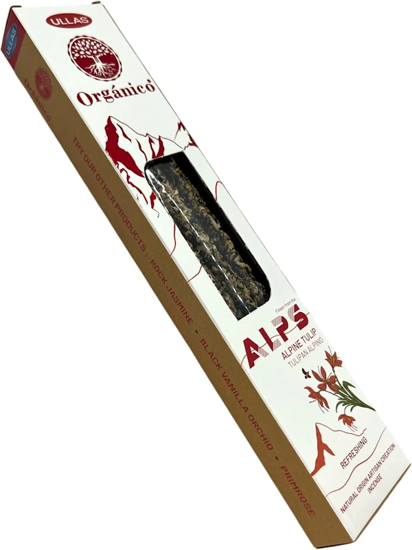 Incienso Ullas de la línea Alps con aroma a Tulipan Alpino, elaborado 100% natural, orgánico y hecho a mano en India. Su fragancia floral, suave y fresca es ideal para crear ambientes tranquilos, armoniosos y de introspección.