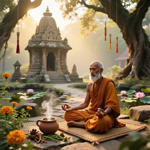Monje hindú meditando en jardín sagrado con incienso humeante, templo al fondo y flores de loto. Ideal para representar paz interior, espiritualidad, yoga y rituales de purificación con aromas naturales.