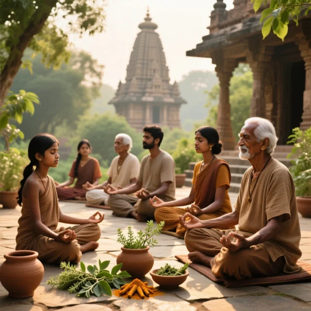 Grupo multi-generacional meditando en templo hindú al aire libre, con hierbas aromáticas y cúrcuma. Representa paz, tradición espiritual, bienestar familiar y conexión con la naturaleza a través de la meditación.