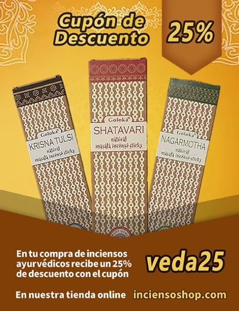 Banner promocional con tres sahumerios Goloka (Krisna Tulsi, Shatavari, Nagarmotha) y cupón del 25% — ideal para campañas de descuento en inciensos ayurvédicos. Usa el código VEDA25 en inciensoshop.com. Oferta exclusiva online.