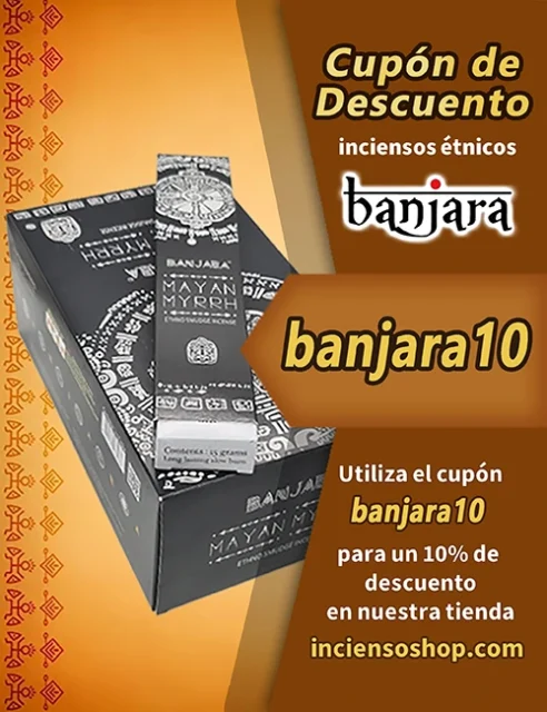 Banner promocional con cajas de incienso Banjara Mayan Myrrh — ofrece 10% de descuento con el cupón “banjara10” en inciensoshop.com. Ideal para amantes de aromas étnicos, profundos y espirituales. Oferta exclusiva online.