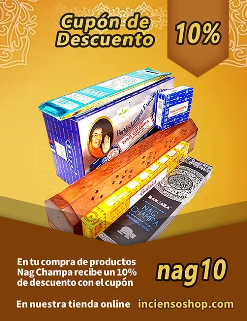 Banner promocional con cajas de incienso Nag Champa y quemador de madera — ofrece 10% de descuento con el cupón “nag10” en inciensoshop.com. Ideal para fans de la fragancia clásica y espiritual de Nag Champa. Oferta exclusiva online.