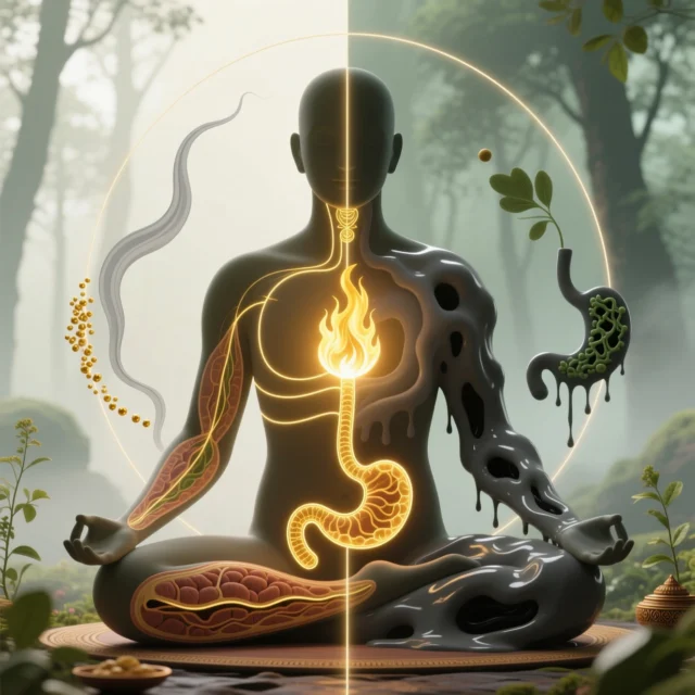 Ilustración de cuerpo humano en meditación mostrando el sistema digestivo con fuego (Agni) brillante vs. toxinas oscuras. Representa la purificación ayurvédica, equilibrio digestivo y eliminación de Ama para salud integral.