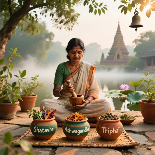 Mujer preparando hierbas ayurvédicas (Shatavari, Ashwagandha, Triphali) en mortero, con templo hindú al fondo. Representa medicina natural, equilibrio hormonal y bienestar holístico según la tradición ayurvédica.