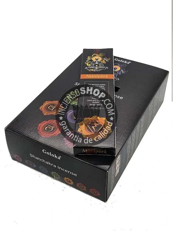 Caja de incienso artesanal Goloka con diseño del chakra Manipura hecho a mano para equilibrio energético y aromaterapia espiritual