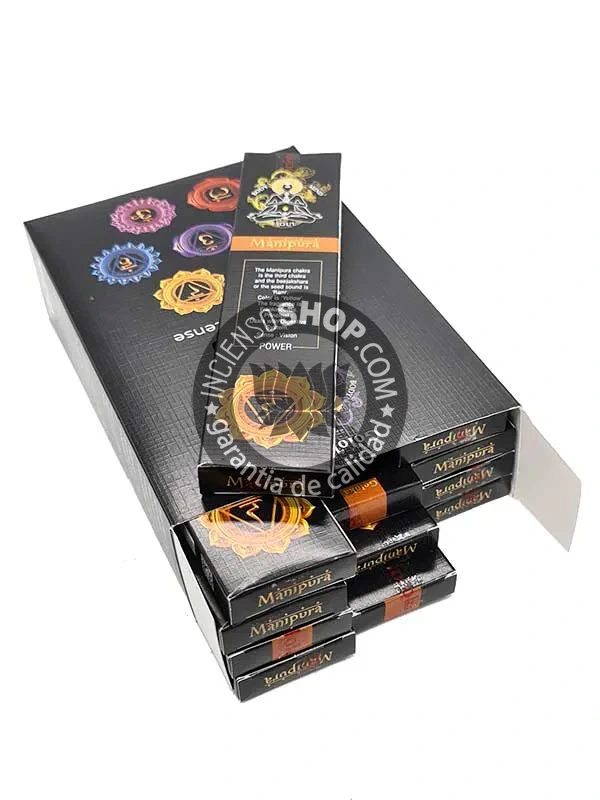 Caja de incienso con diseño del chakra Manipura en color amarillo dorado símbolo de poder personal y transformación espiritual ideal para meditación y equilibrio energético