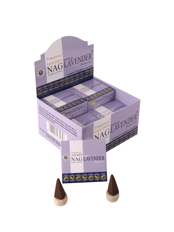 Conos de incienso Piramidal de Lavander Masala tradicionales y organicos de la gama Golden Nag de Vijayshree en caja de 12 uds de 15g