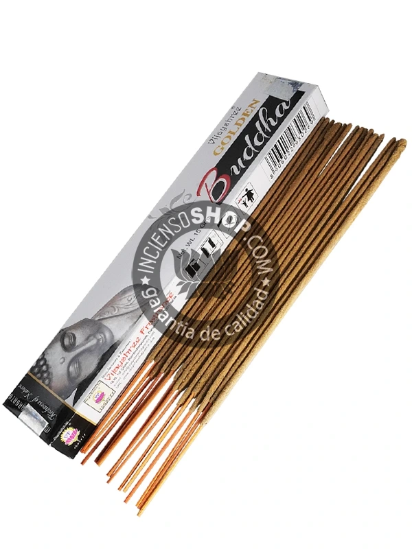 Incienso Golden Nag Buddha mostrando caja y varillas aroma dulce balsámico con notas florales ideal para meditación profunda purificación energética y rituales de paz