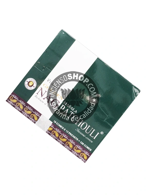 Conos de incienso Piramidal de Patchouli tradicionales y organicos de la gama Golden Nag de Vijayshree en caja de 12 uds de 15g