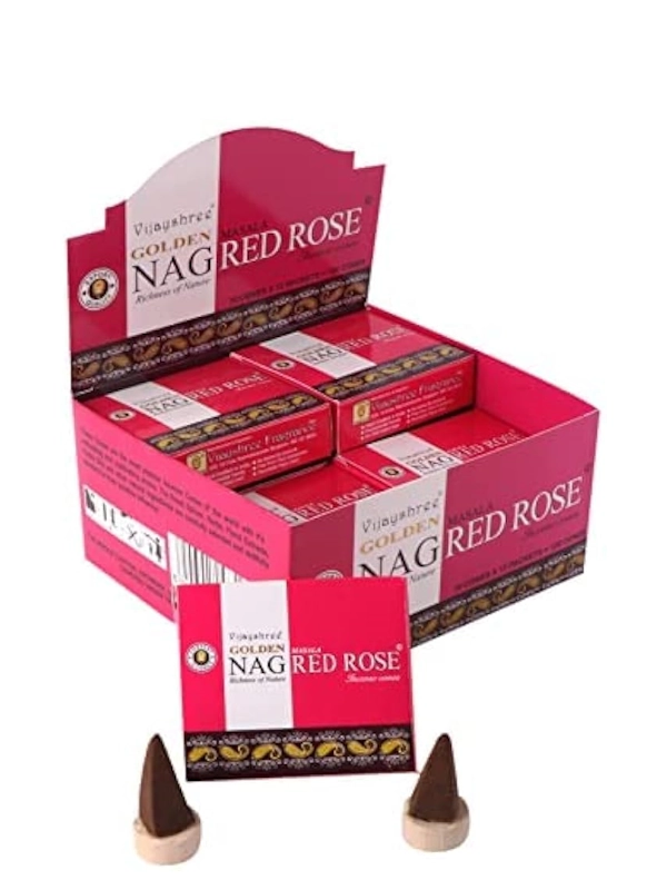 Conos de incienso Piramidal de Red Rose Masala tradicionales y organicos de la gama Golden Nag de Vijayshree en caja de 12 uds de 15g