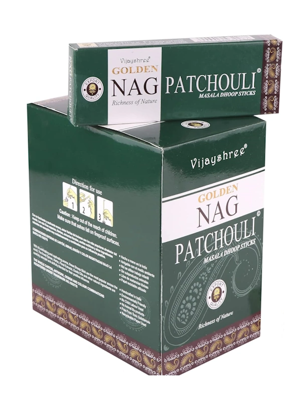 Incienso dhoop stick Pachouli Golden Nag Masala orgánico de Vijayshree en caja de 12 uds de 15g