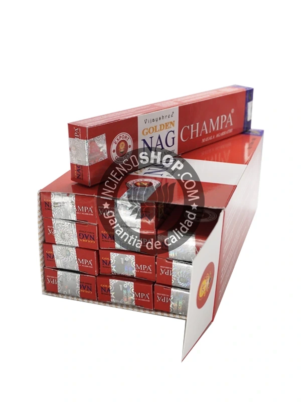 Caja de incienso Golden Nag Champa Vijayshree vista de lado aroma floral dulce y místico ideal para meditación profunda purificación espiritual y ambientes armoniosos