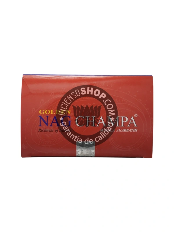 Caja de incienso Golden Nag Champa Vijayshree vista de lado aroma floral dulce y místico ideal para meditación profunda purificación espiritual y ambientes armoniosos