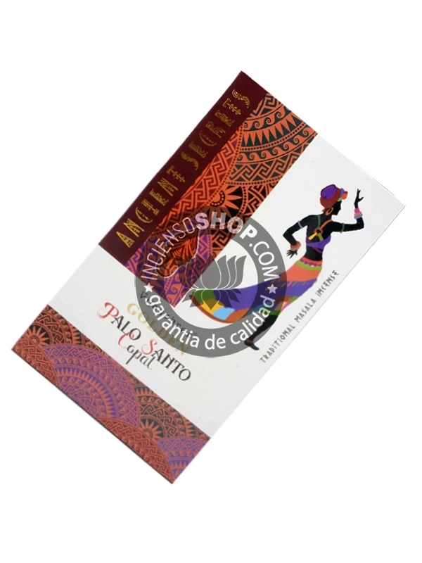 Incienso Copal Palo Santo Golden Ancient Secrets de Vijayshree Agarbati Masala en caja de 12 uds de 15g