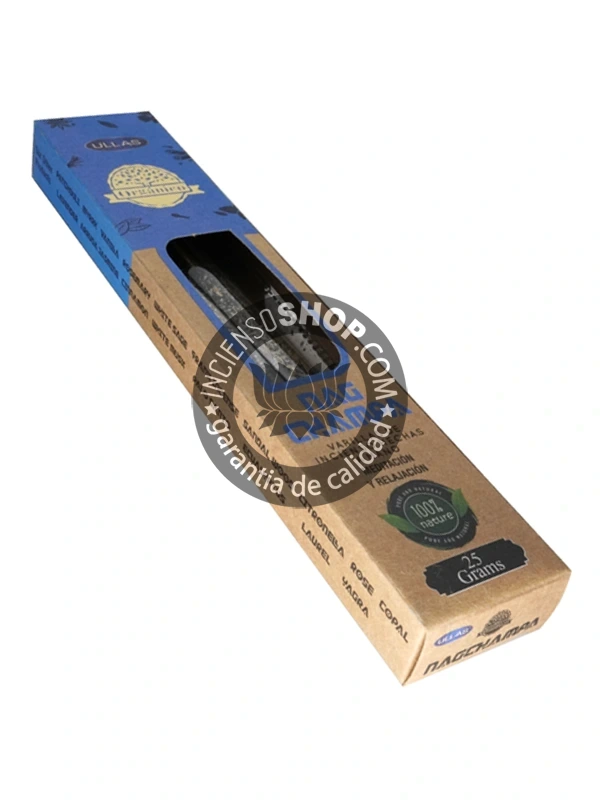 Incienso Ullas Nag Champa varillas tridi vista izquierda aroma floral dulce y místico ideal para meditación profunda relajación y purificación espiritual