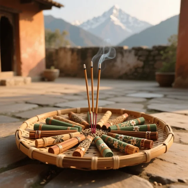 indian-incense-sticks-sacred-mountain-ritual.webp Burning Indian incense sticks arranged in a woven basket with mountain backdrop – authentic hand-rolled incense for meditation, yoga, and sacred spiritual rituals