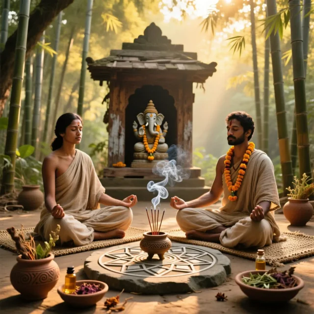 spiritual-meditation-with-ganesha-in-bamboo-forest.webp Spiritual meditation with Ganesha in bamboo forest – couple in traditional dhoti and sari meditating before a sacred Ganesha shrine, surrounded by incense smoke, herbs, and mandala, bathed in golden morning light